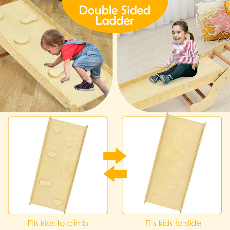 3-In-1 Wooden Climber Ladder Structure with Rock Climbing Ramp and Padding