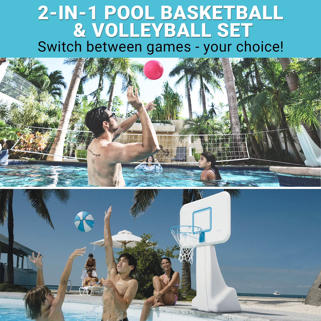 Dunn-Rite Poolsport 2-In-1 Pool Basketball Hoop & Volleyball Net Game Set (Basketball & Volleyball Combo)