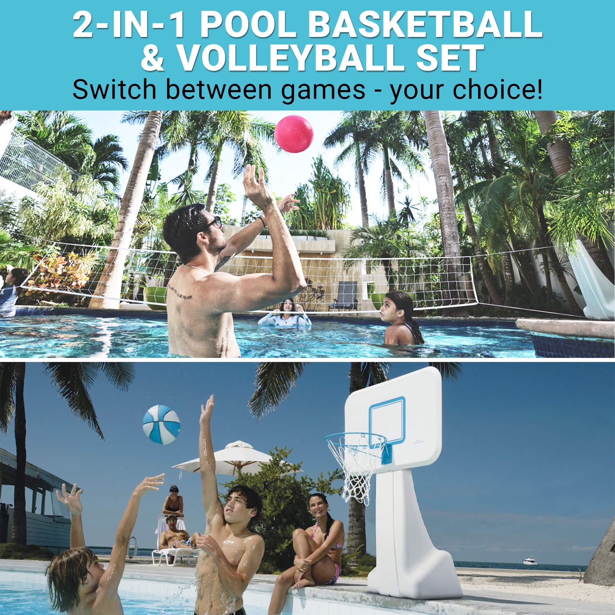 Dunn-Rite Poolsport 2-In-1 Pool Basketball Hoop & Volleyball Net Game Set (Basketball & Volleyball Combo)