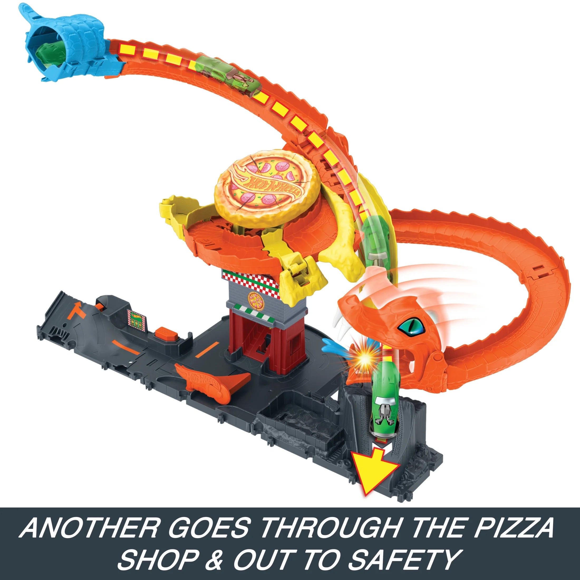 City Track Set Pizza Slam Cobra Attack Playset with 1:64 Scale Toy Car for Kids, 24.51 In