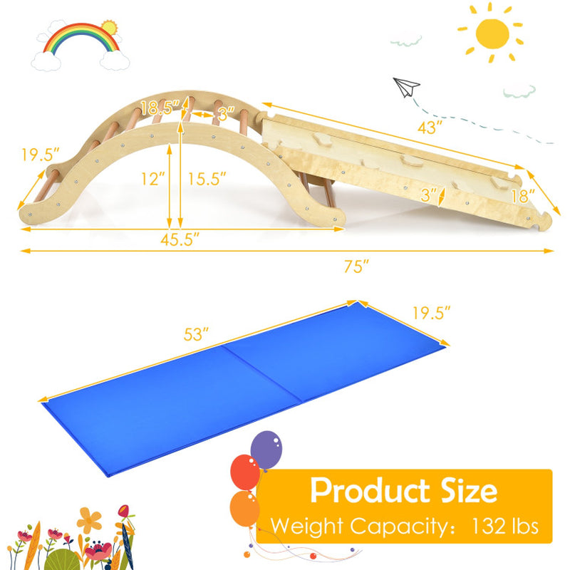 3-In-1 Wooden Climber Ladder Structure with Rock Climbing Ramp and Padding