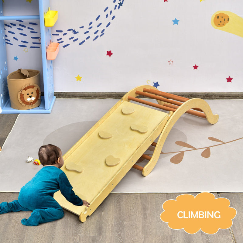 3-In-1 Wooden Climber Ladder Structure with Rock Climbing Ramp and Padding