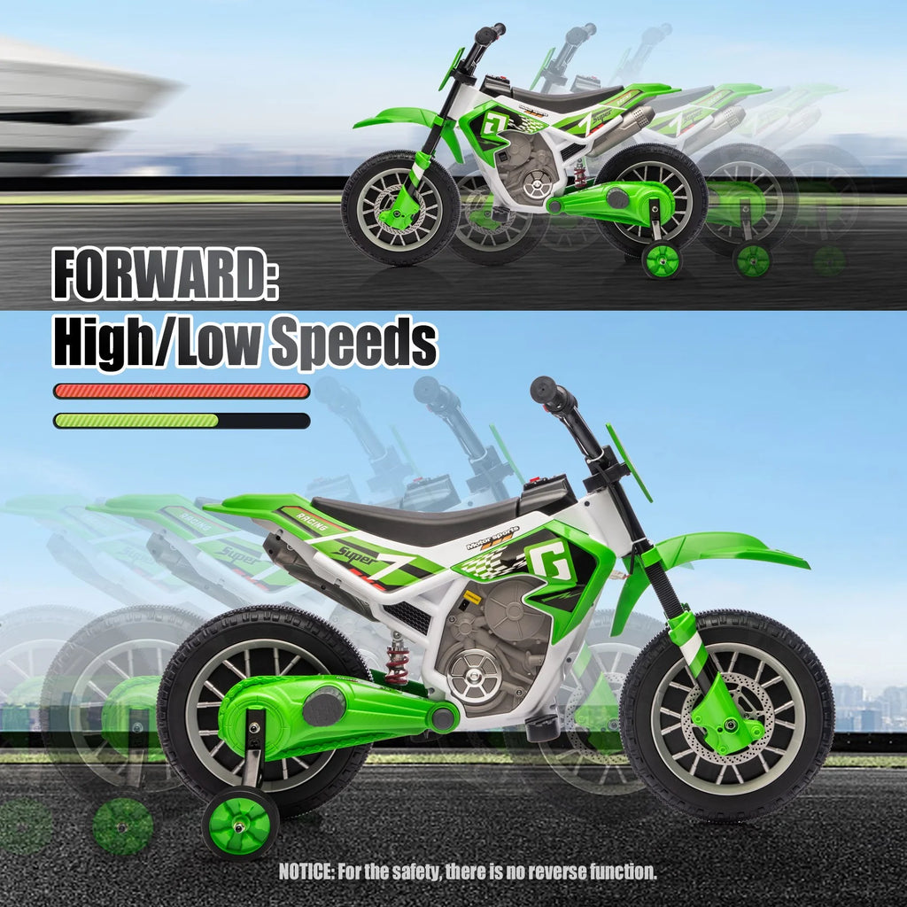 12V Green Ride on Motorcycle Dirt Bikes for Kids with Training Wheels, Spring Suspension