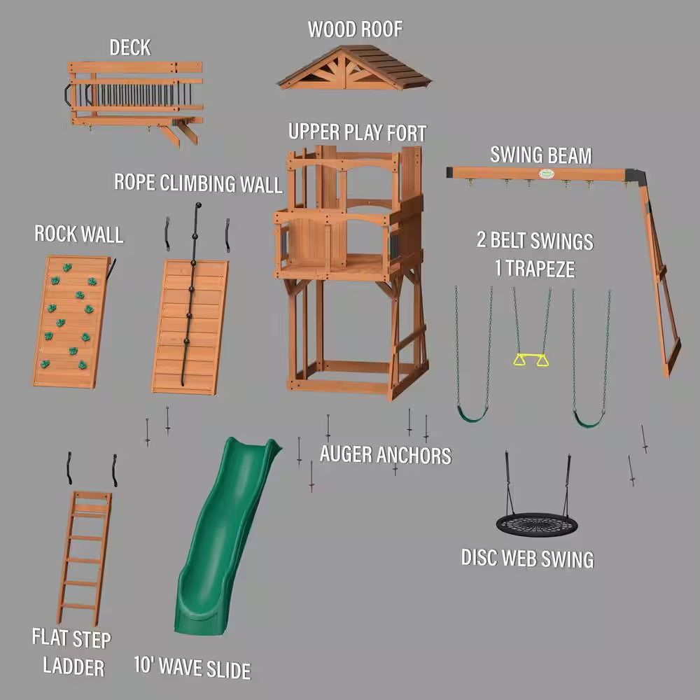 Sterling Point Outdoor Playground Set W/ Elevated Clubhouse, Balcony, Web Swing, Swing Set, and Green Wave Slide
