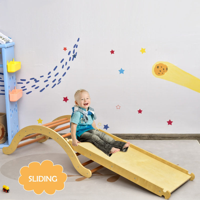3-In-1 Wooden Climber Ladder Structure with Rock Climbing Ramp and Padding