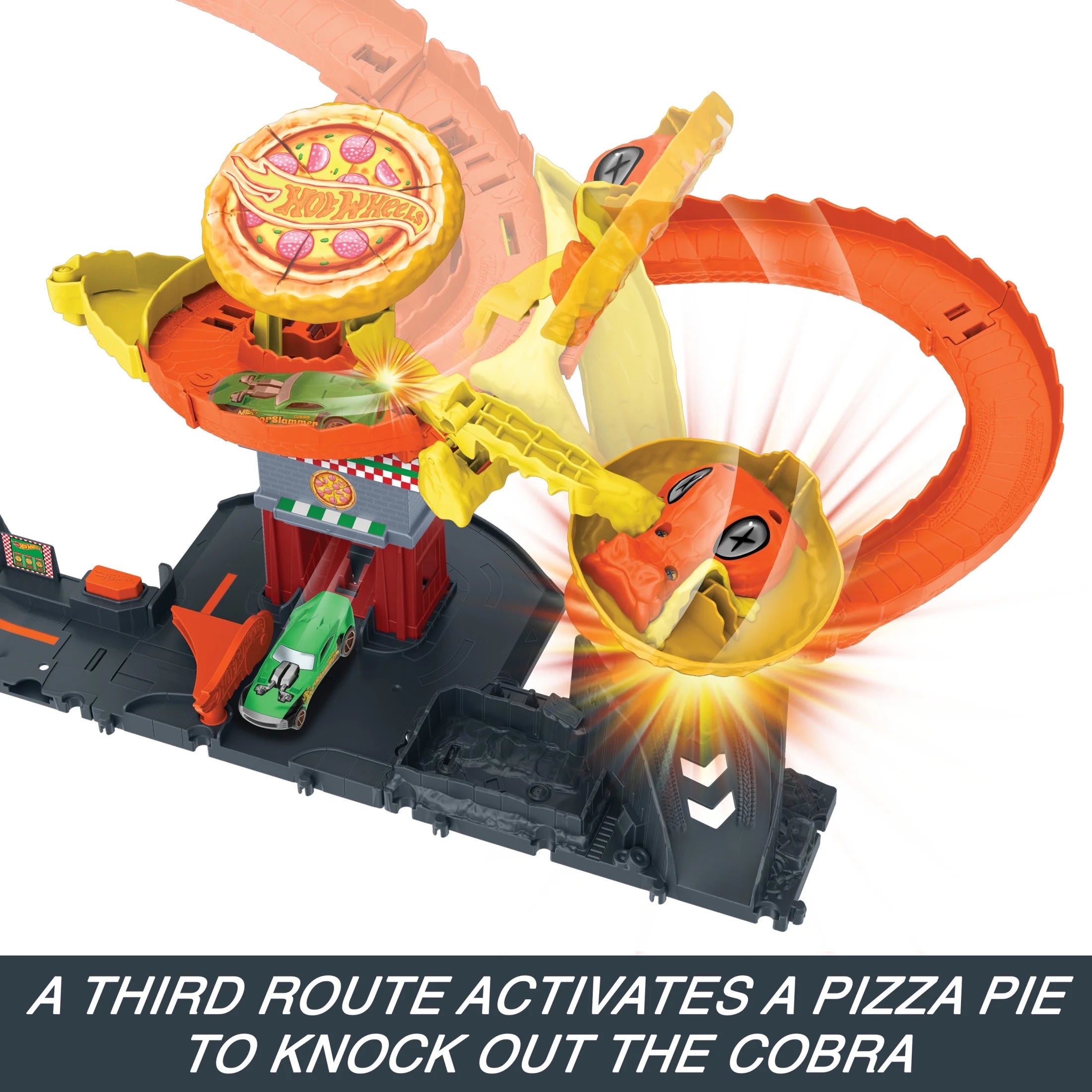 City Track Set Pizza Slam Cobra Attack Playset with 1:64 Scale Toy Car for Kids, 24.51 In