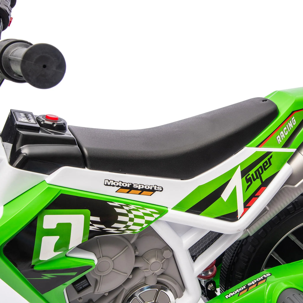 12V Green Ride on Motorcycle Dirt Bikes for Kids with Training Wheels, Spring Suspension
