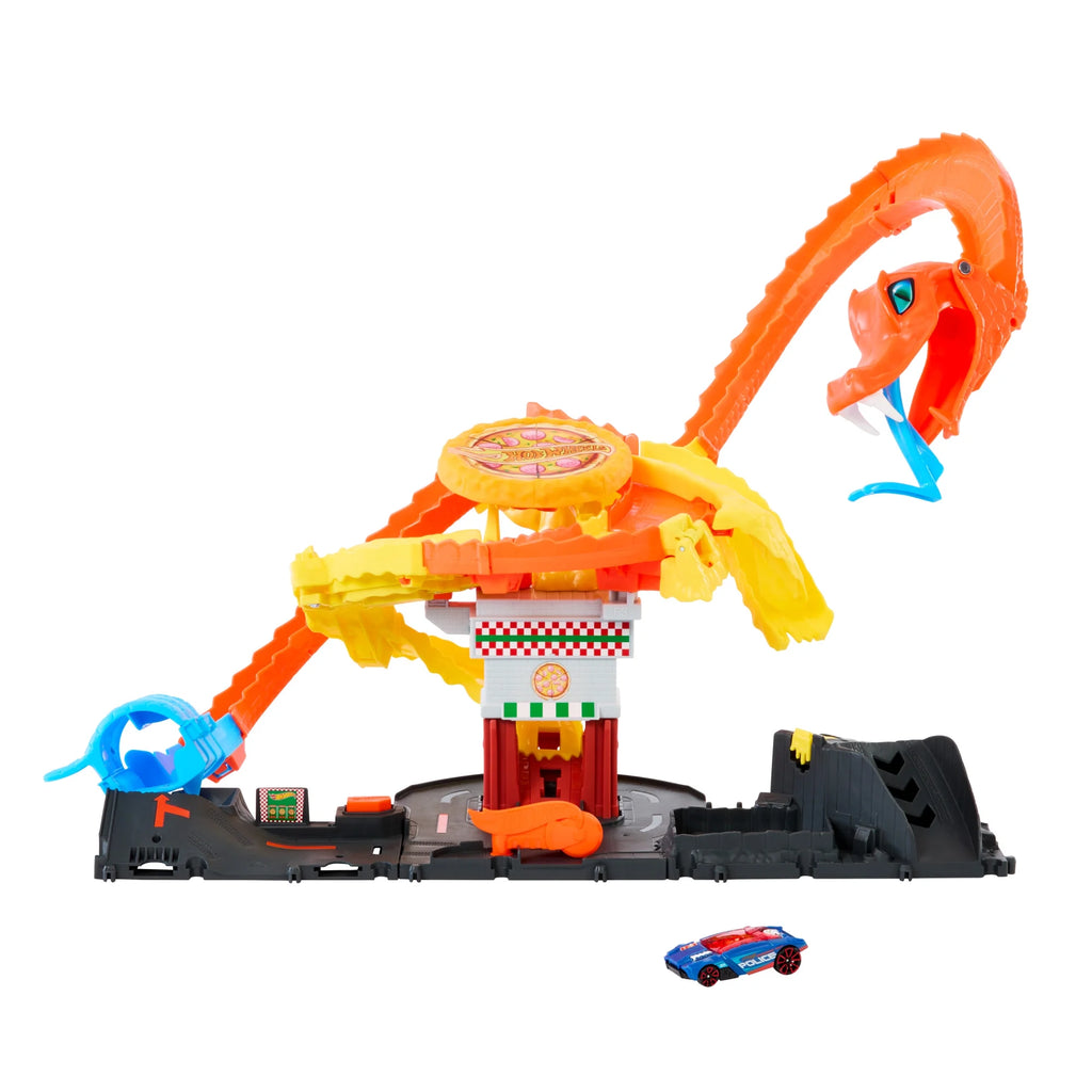 City Track Set Pizza Slam Cobra Attack Playset with 1:64 Scale Toy Car for Kids, 24.51 In