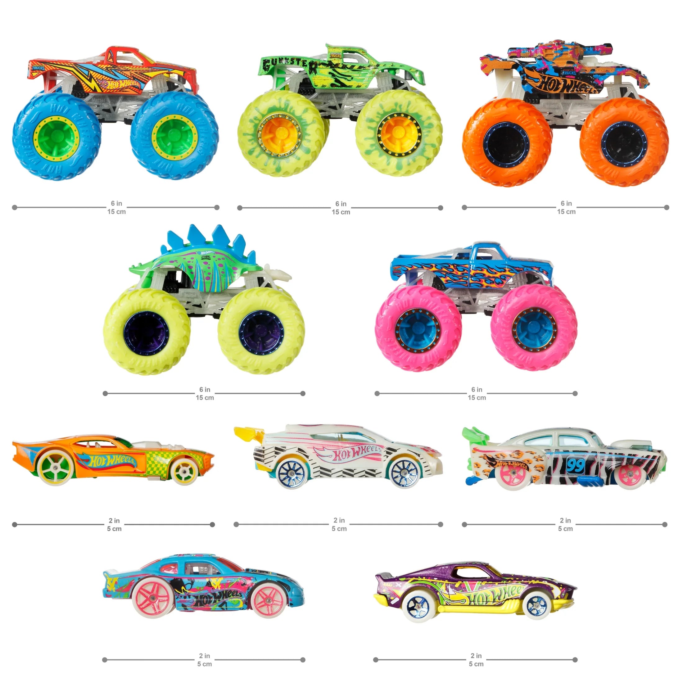 Monster Trucks Glow in the Dark Multipack, 10 Toy 1:64 Vehicles: 5 Trucks & 5 Cars