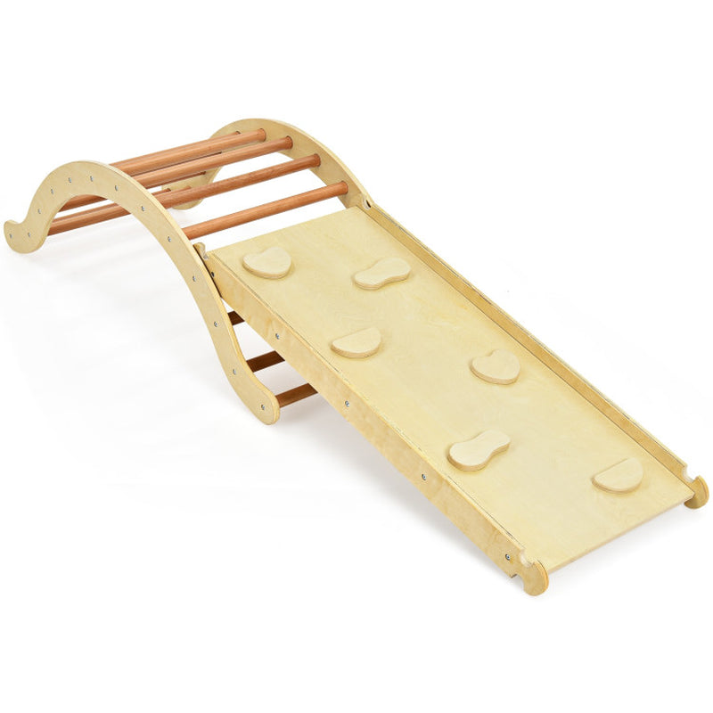 3-In-1 Wooden Climber Ladder Structure with Rock Climbing Ramp and Padding