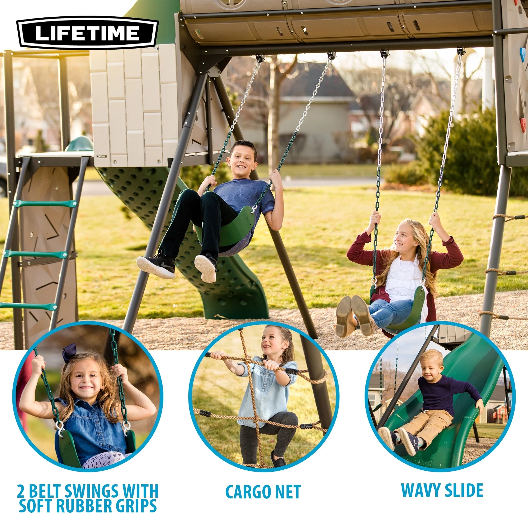 Kid'S Adventure Tunnel Swing Set with Clubhouse, Belt Swings and Climbing Wall (91134)