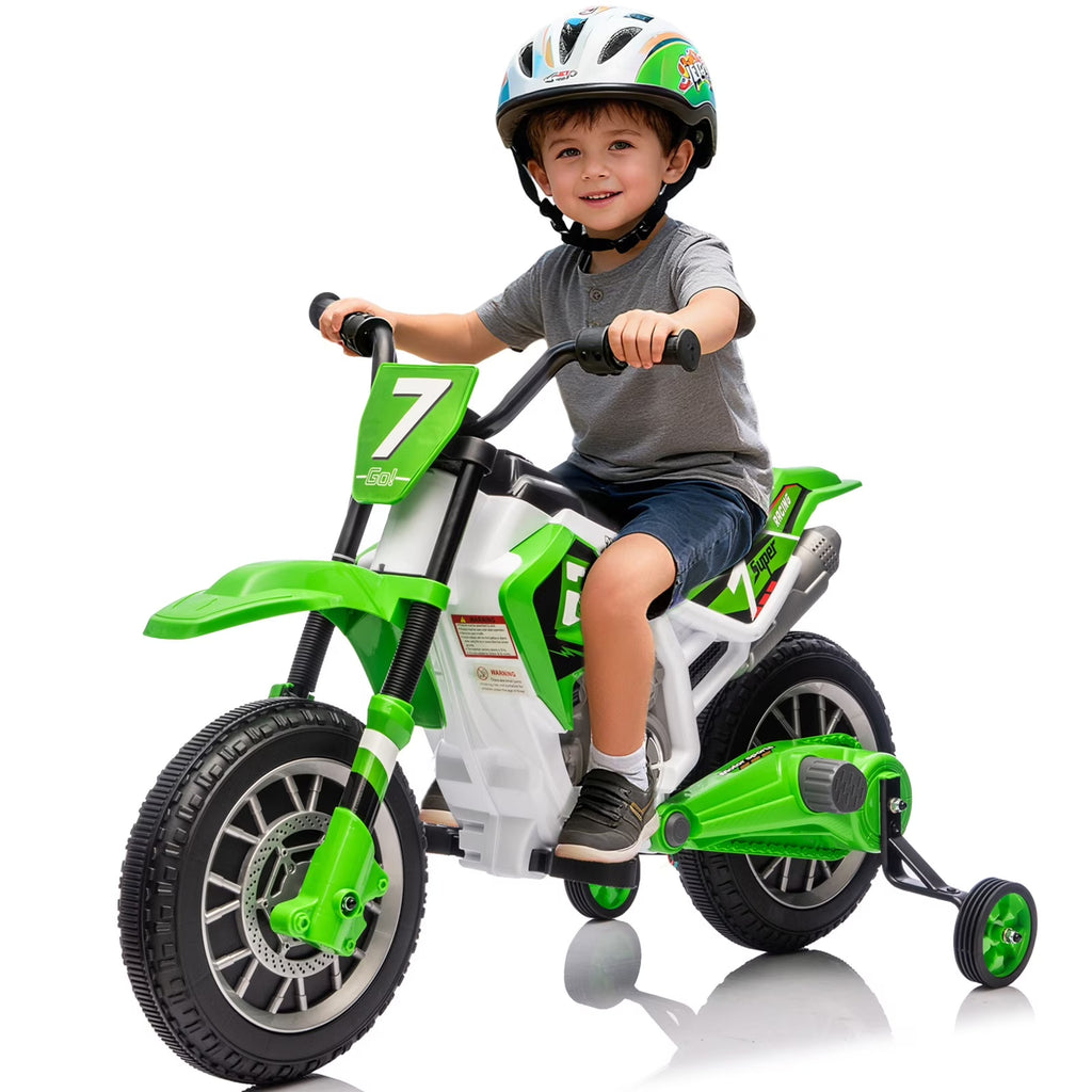 12V Green Ride on Motorcycle Dirt Bikes for Kids with Training Wheels, Spring Suspension