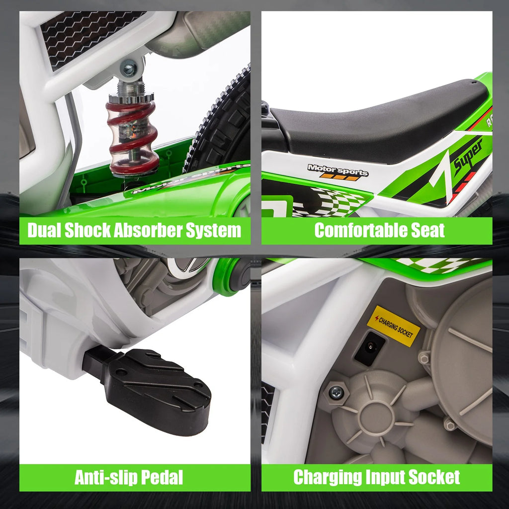 12V Green Ride on Motorcycle Dirt Bikes for Kids with Training Wheels, Spring Suspension