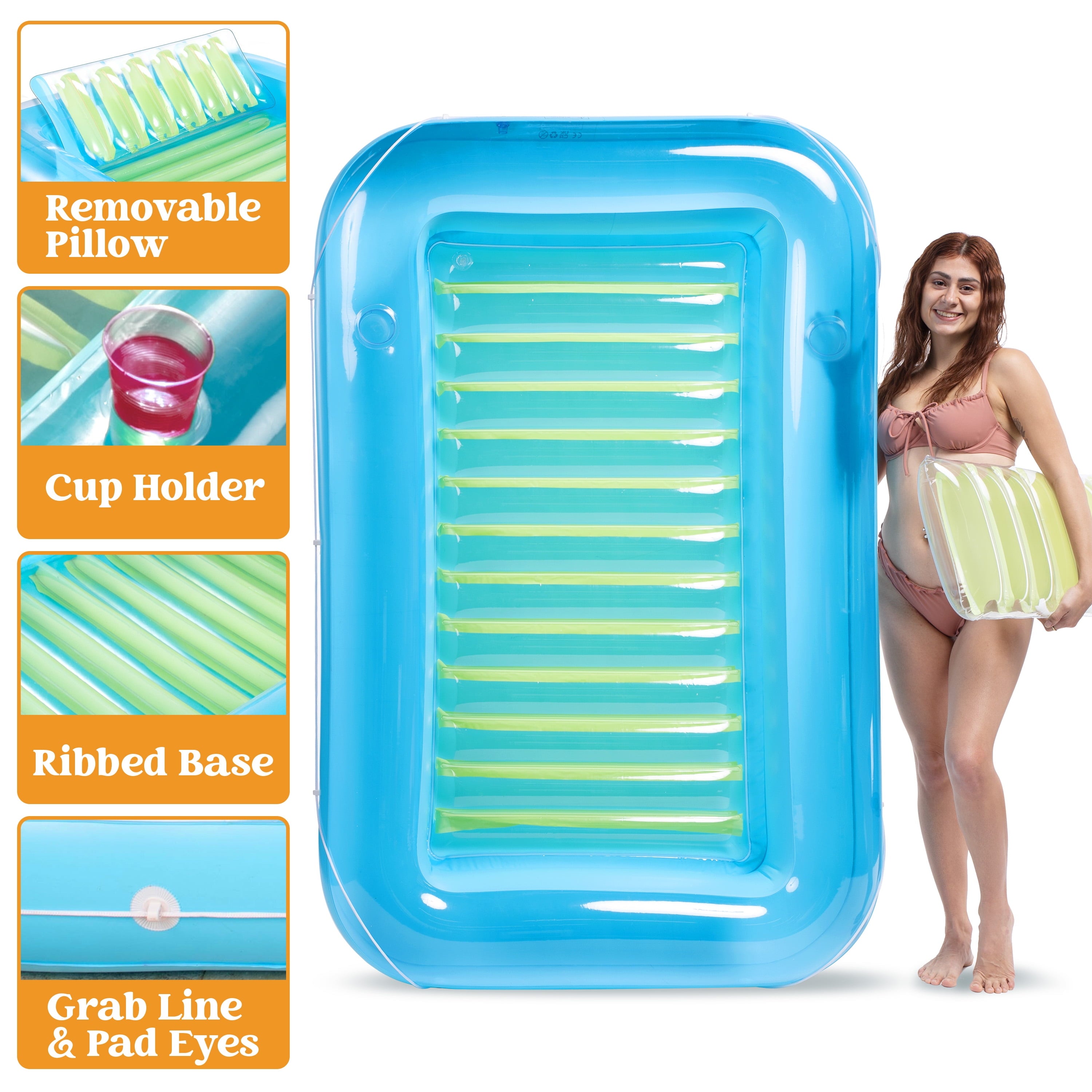 Inflatable Tanning Pool Lounger Float, 70" X 46" Large Suntan Tub with Pillow, Water Raft Floatie for Adults, Blue