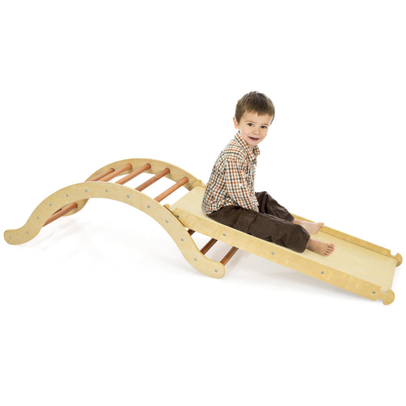3-In-1 Wooden Climber Ladder Structure with Rock Climbing Ramp and Padding