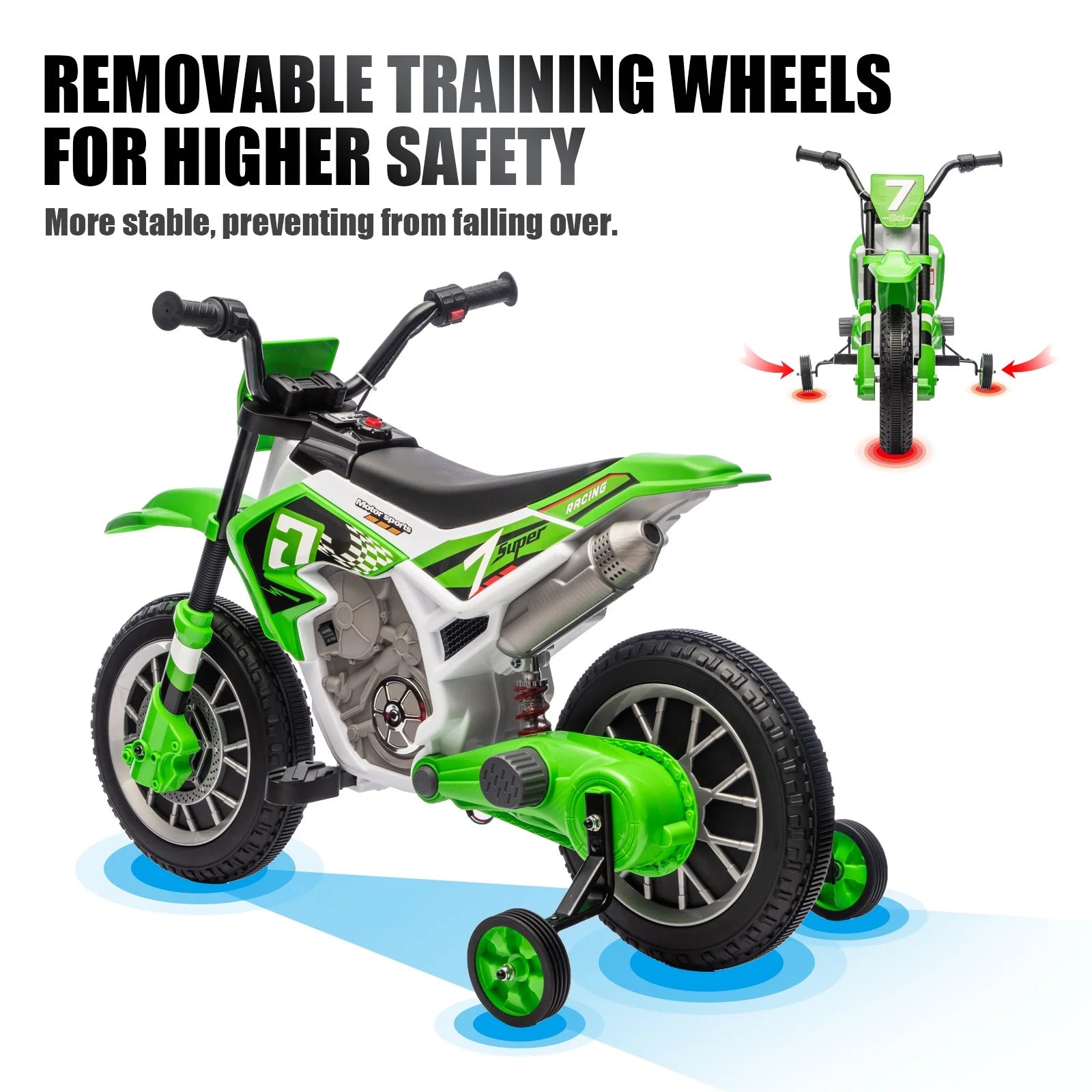 12V Green Ride on Motorcycle Dirt Bikes for Kids with Training Wheels, Spring Suspension