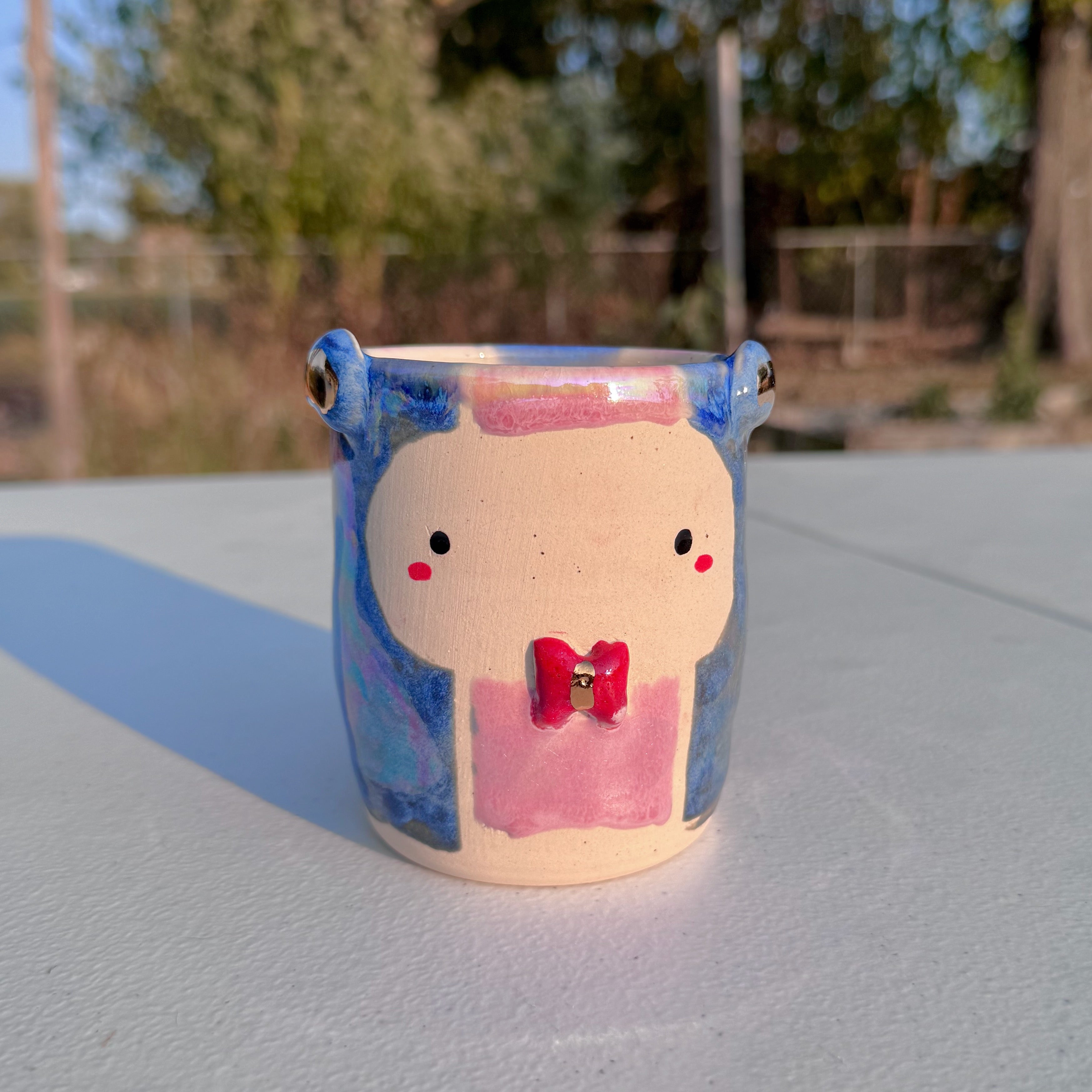 Whimsical Bear Ceramic Mug with 14k Gold Bowtie & Handmade Pink Glaze