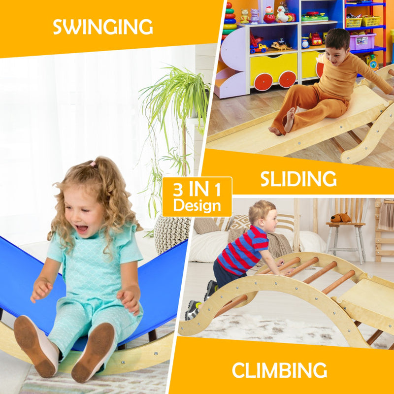 3-In-1 Wooden Climber Ladder Structure with Rock Climbing Ramp and Padding