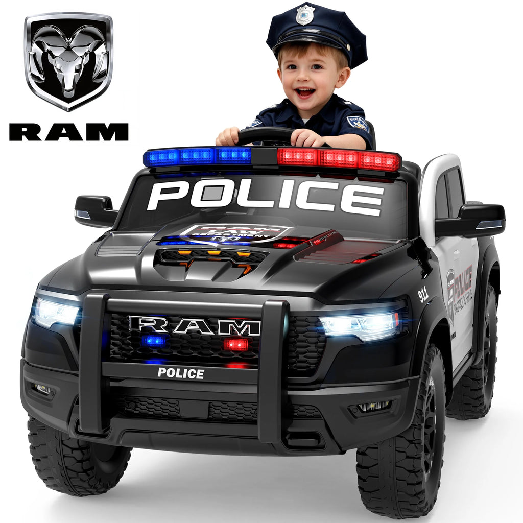 RAM 1500 Ride on Truck Cars, 12V Powered Ride on Toys with Remote Control, 4 Wheel Suspension Electric Cars for 3-5 Yrs Boy Girl W/Key Switch, Safety Belt, Music, Bluetooth, LED, Black Police Truck