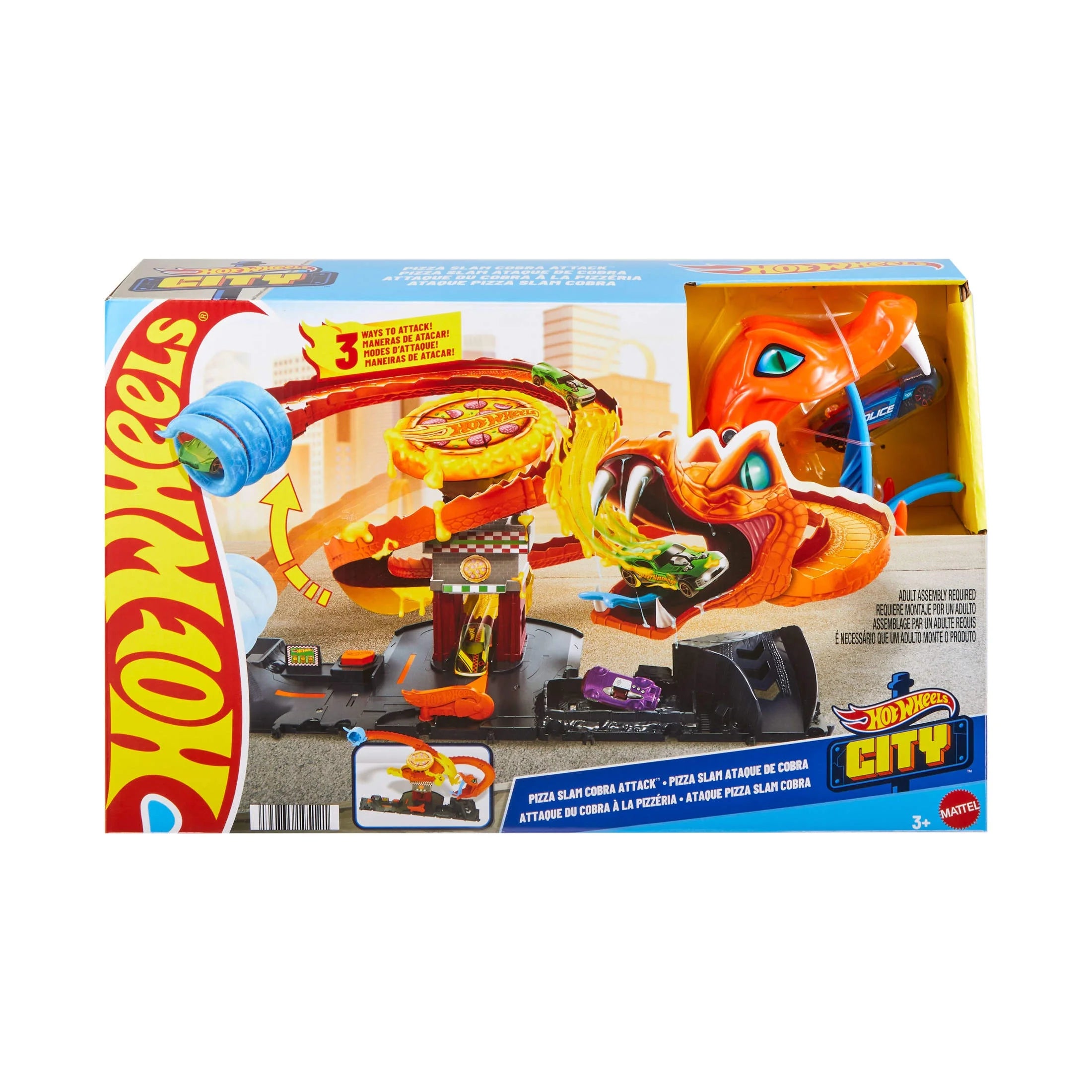 City Track Set Pizza Slam Cobra Attack Playset with 1:64 Scale Toy Car for Kids, 24.51 In