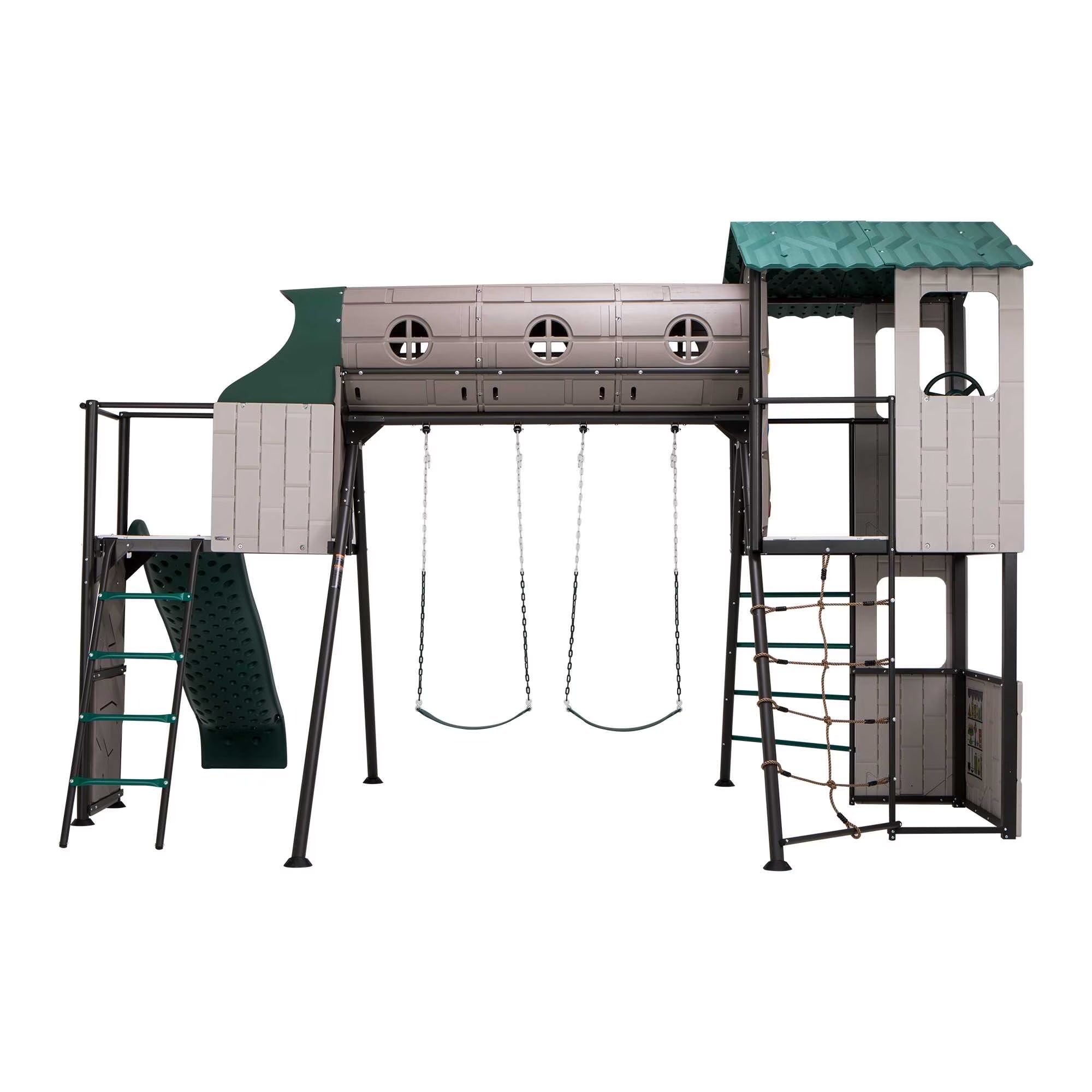 Kid'S Adventure Tunnel Swing Set with Clubhouse, Belt Swings and Climbing Wall (91134)