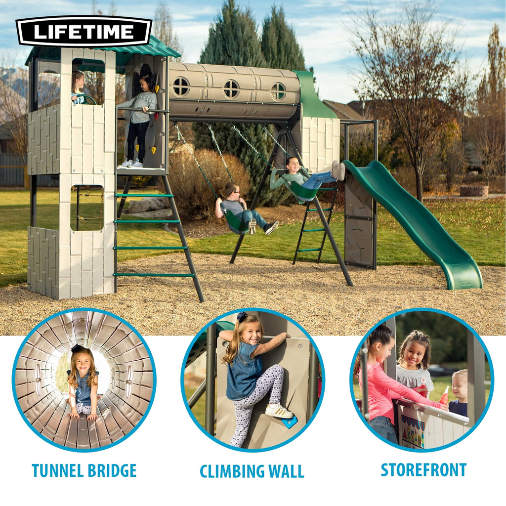 Kid'S Adventure Tunnel Swing Set with Clubhouse, Belt Swings and Climbing Wall (91134)