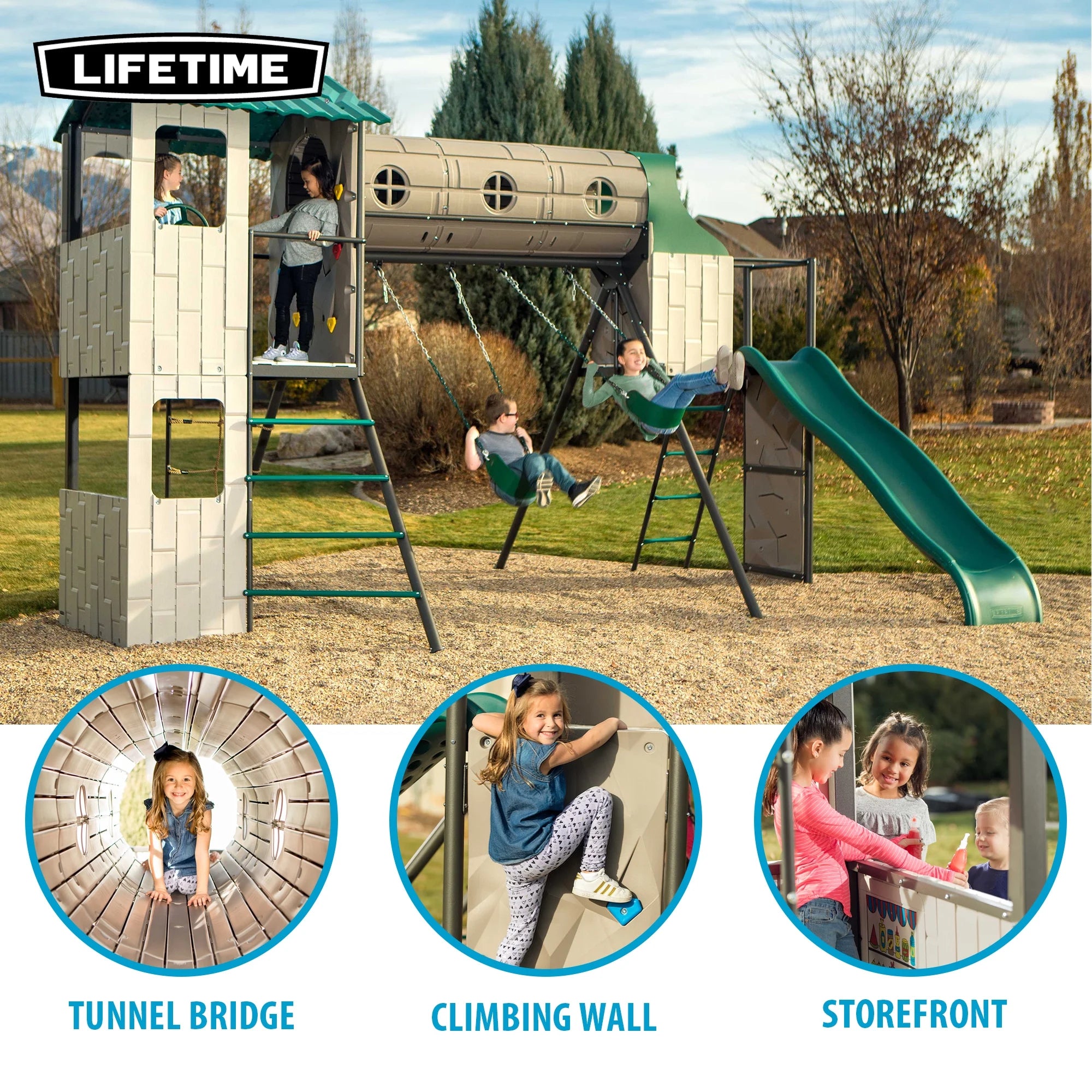 Kid'S Adventure Tunnel Swing Set with Clubhouse, Belt Swings and Climbing Wall (91134)