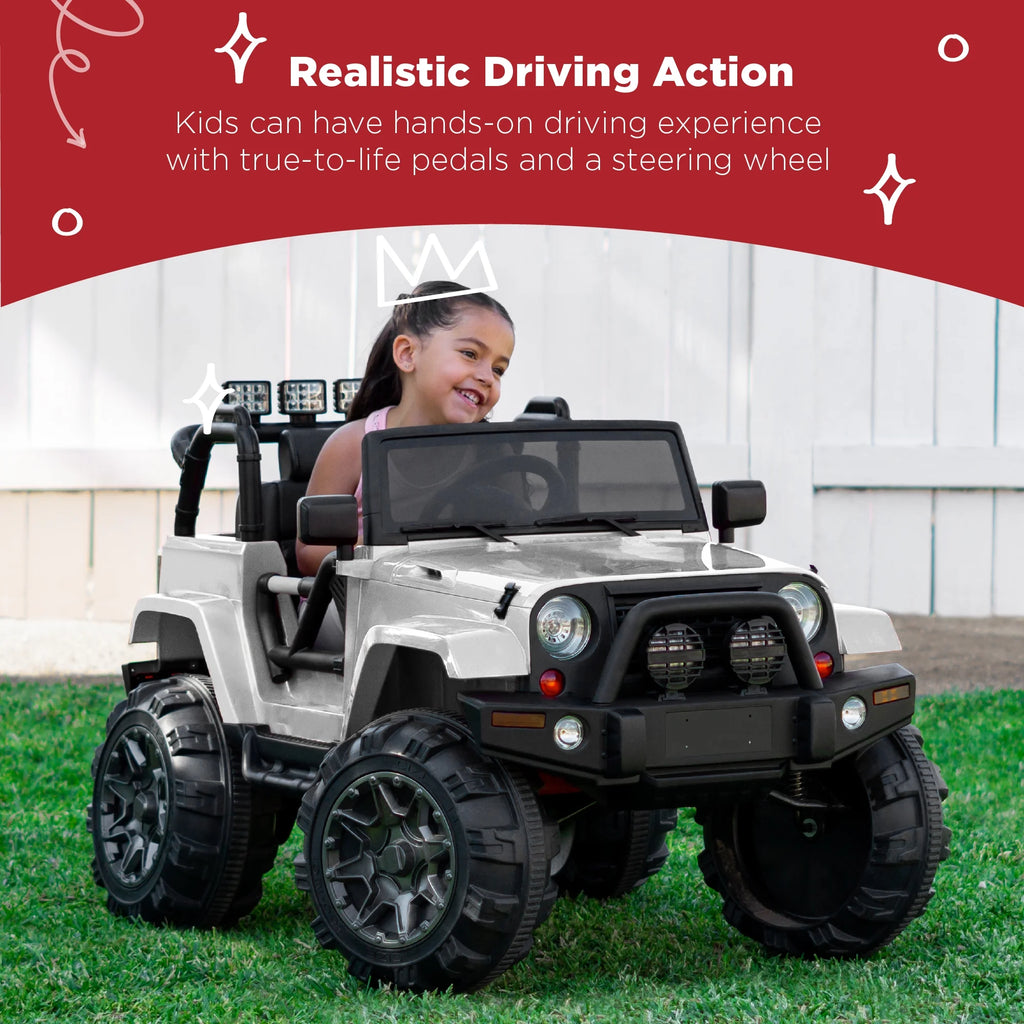 Jumbo 12V Kids Electric Ride on Car with Parent Remote, Seat Harness, 65 Lb Capacity - White