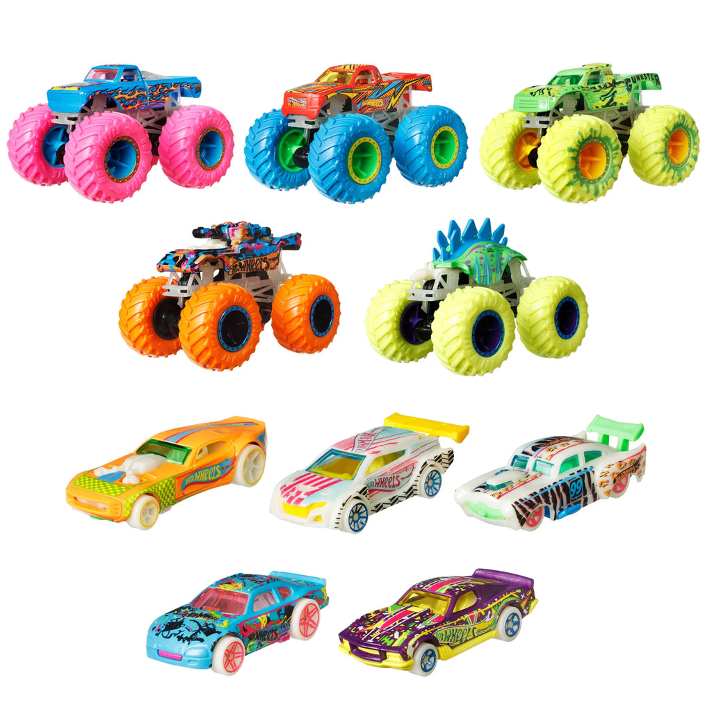 Monster Trucks Glow in the Dark Multipack, 10 Toy 1:64 Vehicles: 5 Trucks & 5 Cars