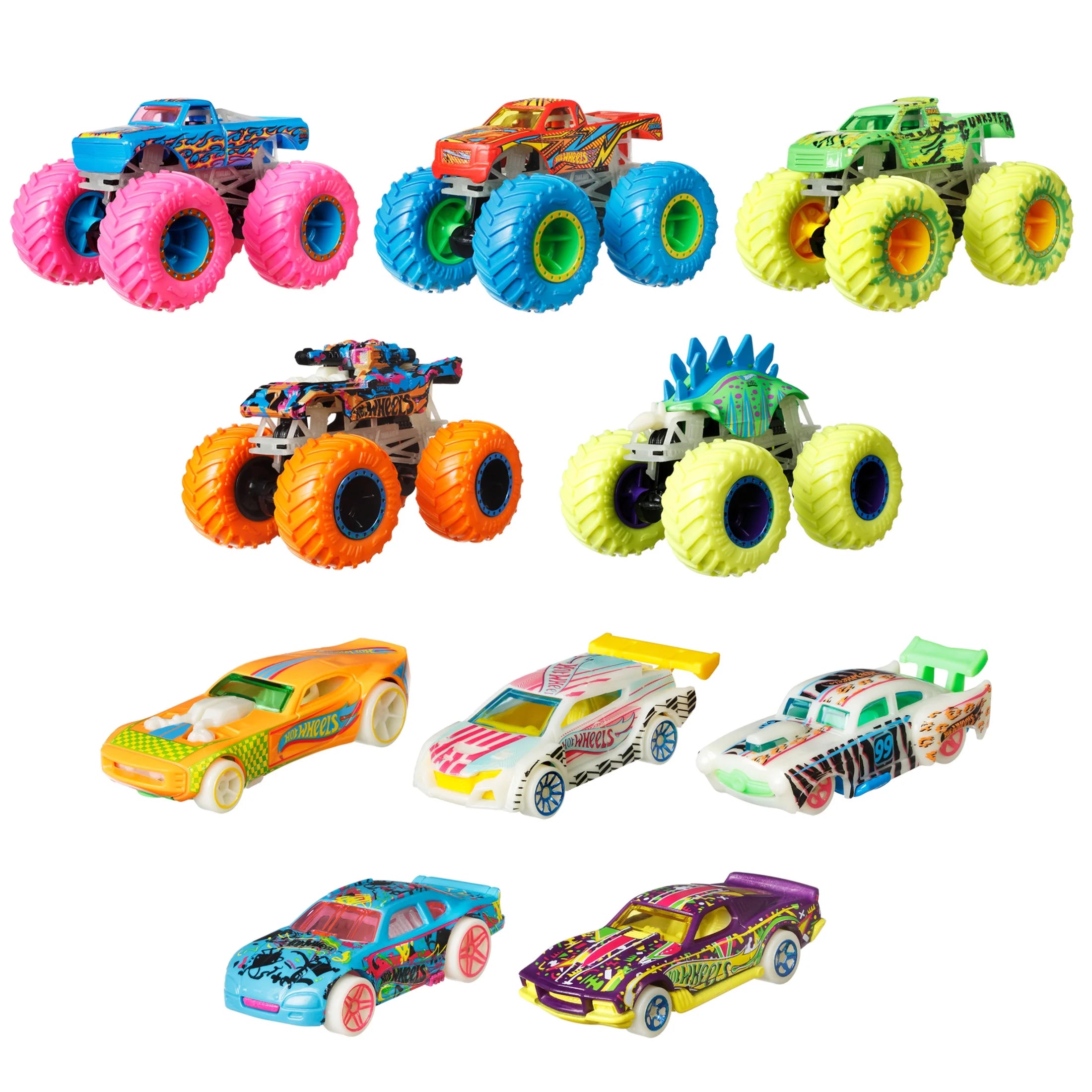 Monster Trucks Glow in the Dark Multipack, 10 Toy 1:64 Vehicles: 5 Trucks & 5 Cars