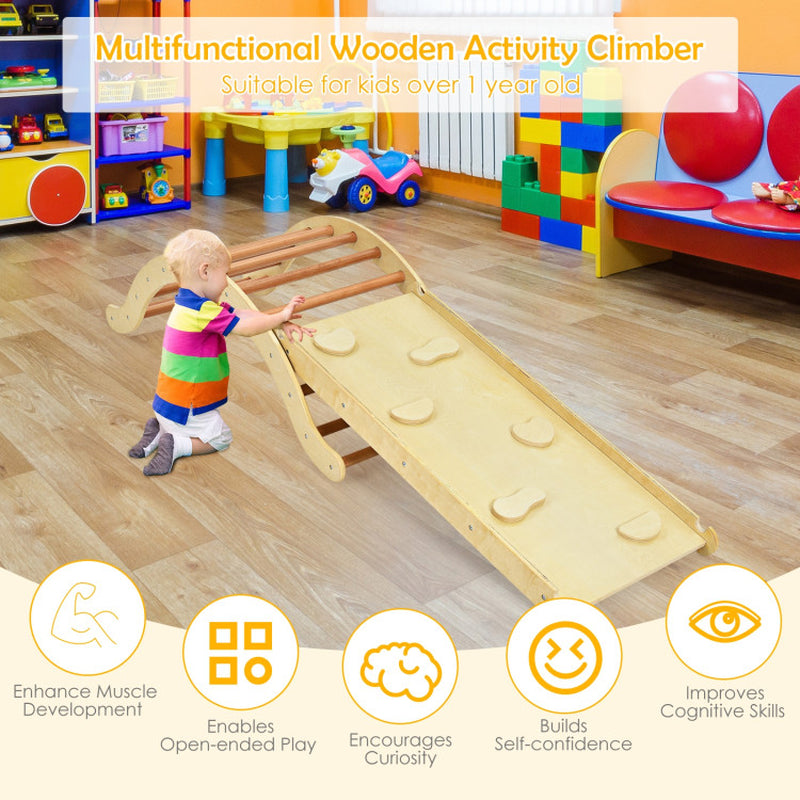 3-In-1 Wooden Climber Ladder Structure with Rock Climbing Ramp and Padding