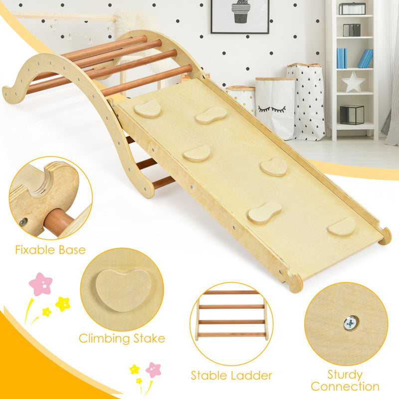 3-In-1 Wooden Climber Ladder Structure with Rock Climbing Ramp and Padding