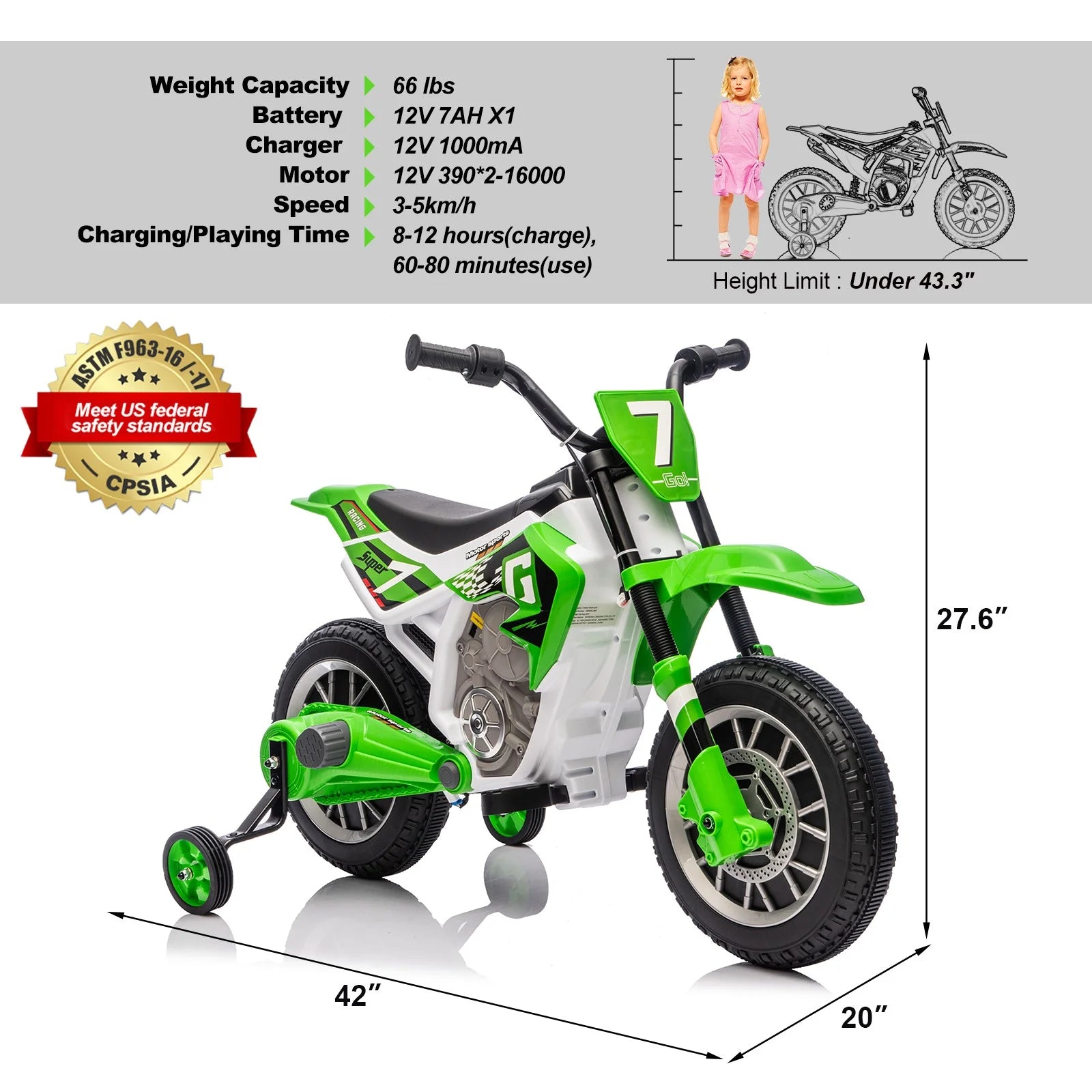 12V Green Ride on Motorcycle Dirt Bikes for Kids with Training Wheels, Spring Suspension