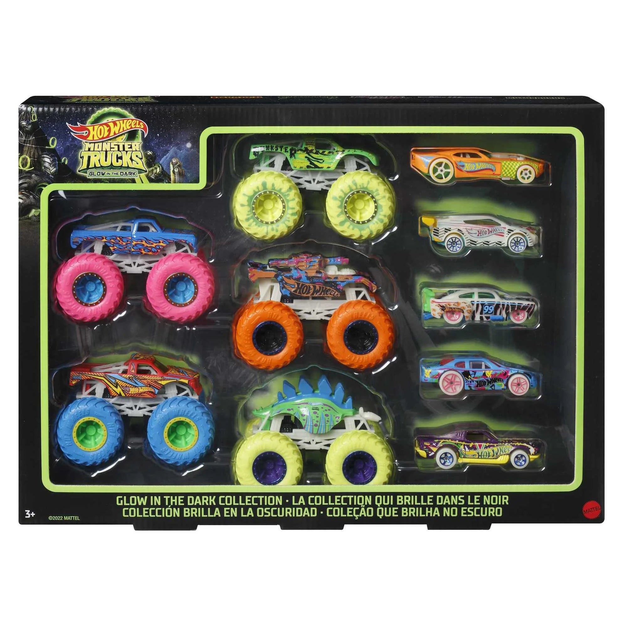 Monster Trucks Glow in the Dark Multipack, 10 Toy 1:64 Vehicles: 5 Trucks & 5 Cars